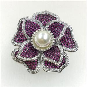 copper flower brooches pave zircon with pearl, revolvable, platinum plated, approx 45mm dia