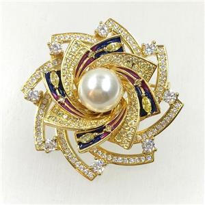 copper flower brooches pave zircon with pearl, revolvable, gold plated, approx 40mm dia