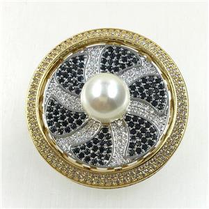 copper flower brooches pave zircon with pearl, revolvable, gold plated, approx 35mm dia