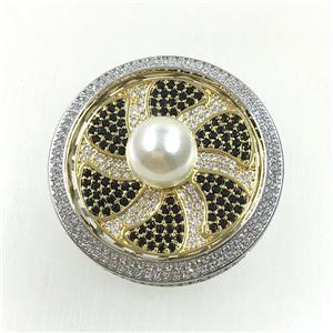 copper flower brooches pave zircon with pearl, revolvable, platinum plated, approx 35mm dia