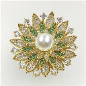 copper flower brooches pave zircon with pearl, revolvable, gold plated, approx 40mm dia