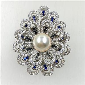 copper flower brooches pave zircon with pearl, revolvable, platinum plated, approx 35x40mm
