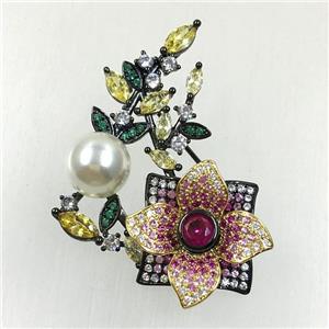 copper flower brooches pave zircon with pearl, revolvable, black plated, approx 30x45mm