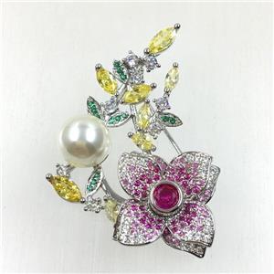 copper flower brooches pave zircon with pearl, revolvable, platinum plated, approx 30x45mm