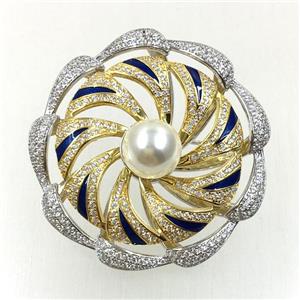 copper flower brooches pave zircon with pearl, revolvable, platinum plated, approx 40mm dia