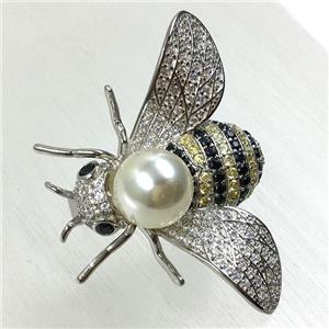 copper honeybee brooches pave zircon with pearl, platinum plated, approx 30x40mm