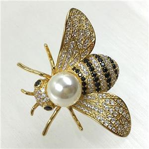 copper honeybee brooches pave zircon with pearl, gold plated, approx 30x40mm