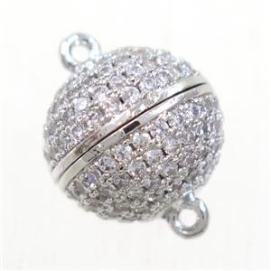 round copper ball magnetic clasp paved zircon, platinum plated, approx 10mm dia