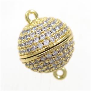 round copper ball magnetic clasp paved zircon, gold plated, approx 12mm dia