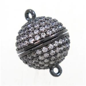 round copper ball magnetic clasp paved zircon, black plated, approx 12mm dia