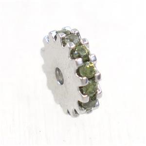 copper rondelle beads pave olive zircon, platinum plated, approx 6mm dia