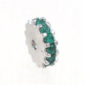 copper rondelle beads pave green zircon, platinum plated, approx 6mm dia