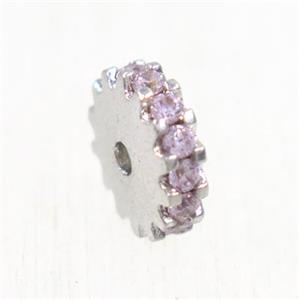 copper rondelle beads pave pink zircon, platinum plated, approx 8mm dia