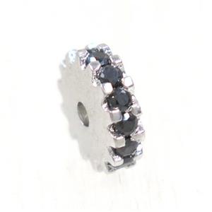 copper rondelle beads pave black zircon, platinum plated, approx 6mm dia