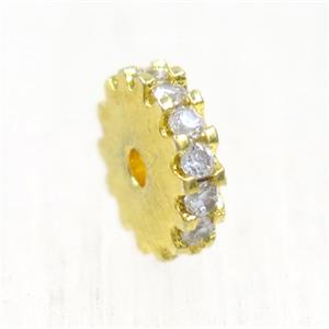 copper rondelle beads pave zircon, wheel, gold plated, approx 8mm dia