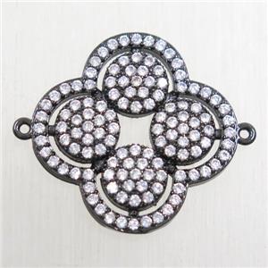 copper clover connector paved zircon, black plated, approx 21mm dia