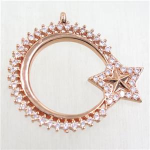 copper moon star pendant paved zircon, rose gold, approx 27mm dia