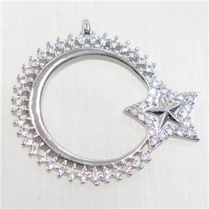 copper moon star pendant paved zircon, platinum plated, approx 27mm dia