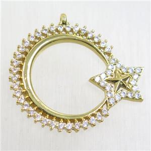 copper moon star pendant paved zircon, gold plated, approx 27mm dia