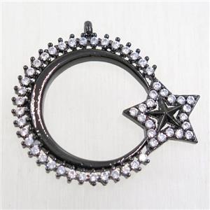 copper moon star pendant paved zircon, black plated, approx 27mm dia