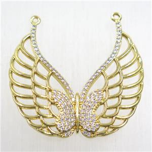 copper pendant paved zircon, angel wing, gold plated, approx 35-40mm