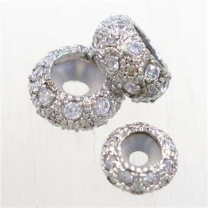 copper rondelle beads paved zircon, platinum plated, approx 6mm dia