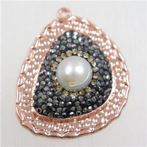 copper pendant paved rhinestone with pearl, rose gold, approx 25-30mm