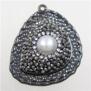 copper pendant paved rhinestone with pearl, black plated, approx 25-30mm