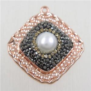 copper square pendant paved rhinestone with pearl, rose gold, approx 23-27mm