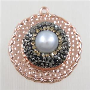 copper circle pendant paved rhinestone with pearl, rose gold, approx 25mm dia