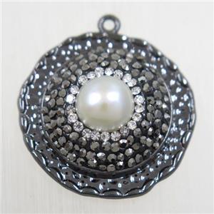 copper circle pendant paved rhinestone with pearl, black plated, approx 25mm dia