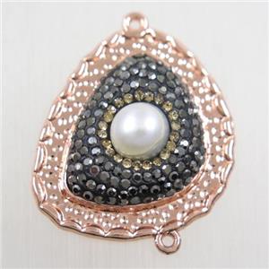 copper teardrop connector paved rhinestone with pearl, rose gold, approx 25-30mm