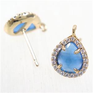 copper teardrop earring studs paved zircon with blue crystal glass, gold plated, approx 10-12mm