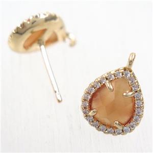 copper teardrop earring studs paved zircon with orange crystal glass, gold plated, approx 10-12mm