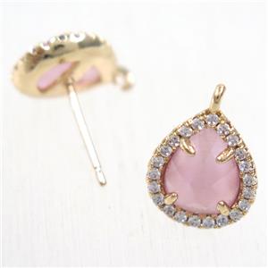 copper teardrop earring studs paved zircon with pink crystal glass, gold plated, approx 10-12mm