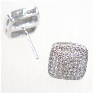 copper square earring studs paved zircon, platinum plated, approx 11.5x11.5mm