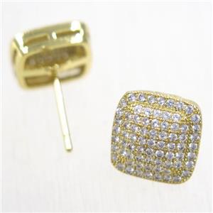 copper square earring studs paved zircon, gold plated, approx 11.5x11.5mm
