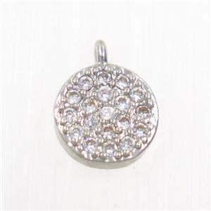 copper button circle pendant paved zircon, platinum plated, approx 6mm dia