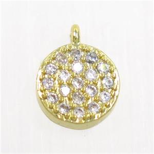 copper button circle pendant paved zircon, gold plated, approx 6mm dia