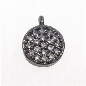 copper button circle pendant paved zircon, black plated, approx 6mm dia