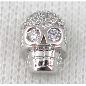 copper bead pave zircon, skull, platinum plated, approx 10x12mm