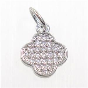 copper pendant paved zircon, four-leaf Clover, platinum plated, approx 9mm dia