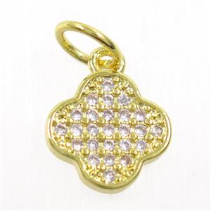 copper pendant paved zircon, four-leaf Clover, gold plated, approx 9mm dia