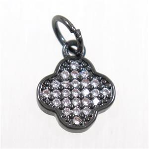 copper pendant paved zircon, four-leaf Clover, black plated, approx 9mm dia