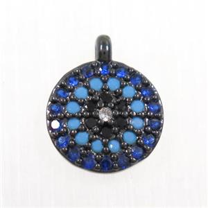copper button circle pendant paved zircon, black plated, approx 9mm dia