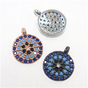 copper button circle pendant paved zircon, mix color, approx 9mm dia