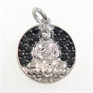 copper buddha pendant paved zircon, platinum plated, approx 14mm dia