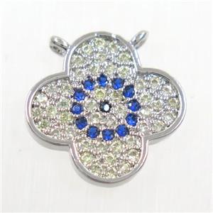 copper pendant paved zircon, four leaf Clover, platinum plated, approx 14mm dia