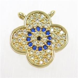copper pendant paved zircon, four leaf Clover, gold plated, approx 14mm dia