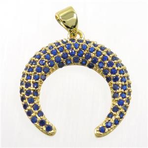 copper crescent pendant paved blue zircon, gold plated, approx 20mm dia